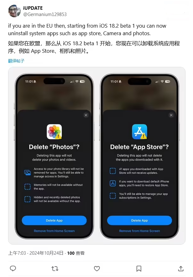 丹寨苹果手机维修分享iOS 18.2 支持删除 App Store 应用商店 