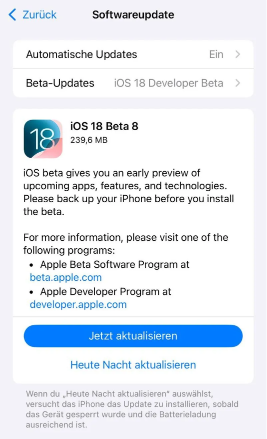 丹寨苹果手机维修分享苹果 iOS / iPadOS 18 开发者预览版 Beta 8 发布 